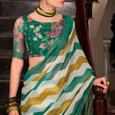 Ratatouille Green and Mustard Digital Printed Cotton Silk Saree With Engaging Blouse Piece