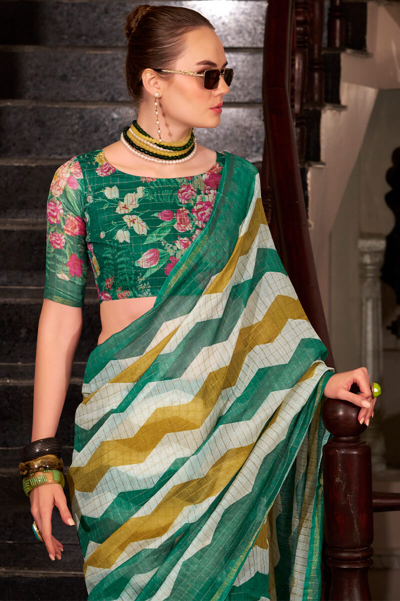 Ratatouille Green and Mustard Digital Printed Cotton Silk Saree With Engaging Blouse Piece