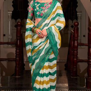 Ratatouille Green and Mustard Digital Printed Cotton Silk Saree With Engaging Blouse Piece