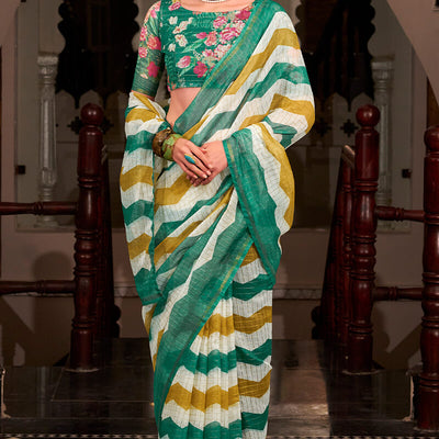 Ratatouille Green and Mustard Digital Printed Cotton Silk Saree With Engaging Blouse Piece