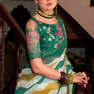 Ratatouille Green and Mustard Digital Printed Cotton Silk Saree With Engaging Blouse Piece