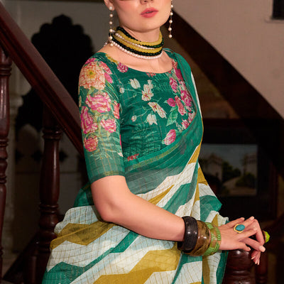 Ratatouille Green and Mustard Digital Printed Cotton Silk Saree With Engaging Blouse Piece