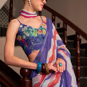 Epiphany Red and Blue Digital Printed Cotton Silk Saree With Gratifying Blouse Piece