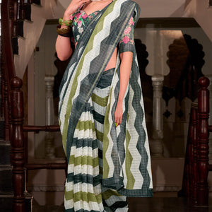 Dissemble Green and Black Digital Printed Cotton Silk Saree With Alluring Blouse Piece