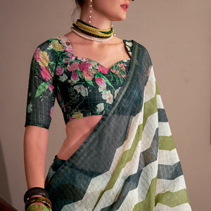 Dissemble Green and Black Digital Printed Cotton Silk Saree With Alluring Blouse Piece