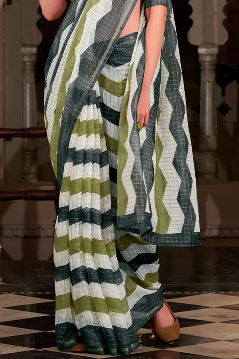 Dissemble Green and Black Digital Printed Cotton Silk Saree With Alluring Blouse Piece