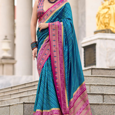 Resonant Blue Patola Silk Saree with Embellished Blouse Piece