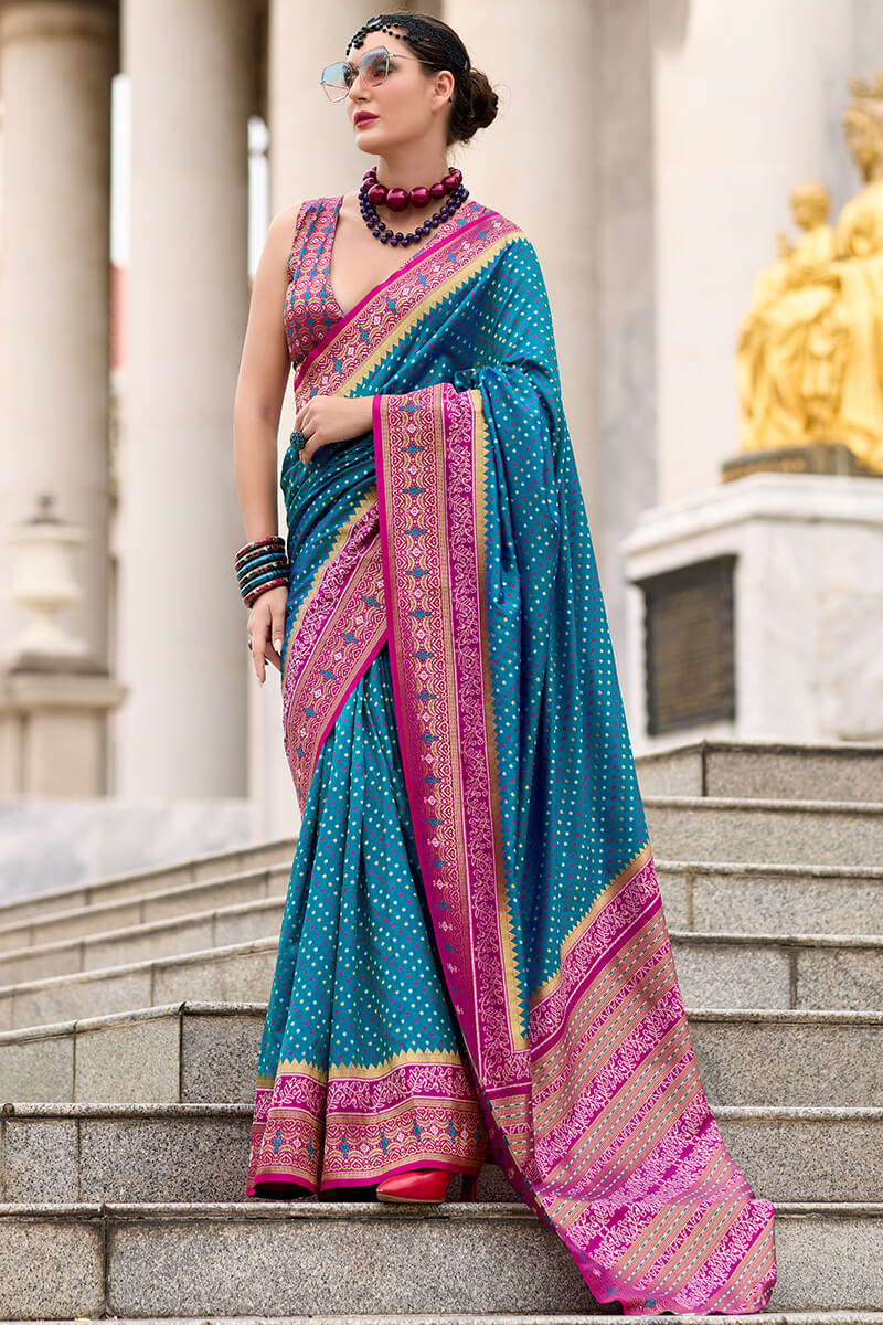 Resonant Blue Patola Silk Saree with Embellished Blouse Piece