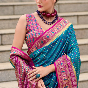 Resonant Blue Patola Silk Saree with Embellished Blouse Piece