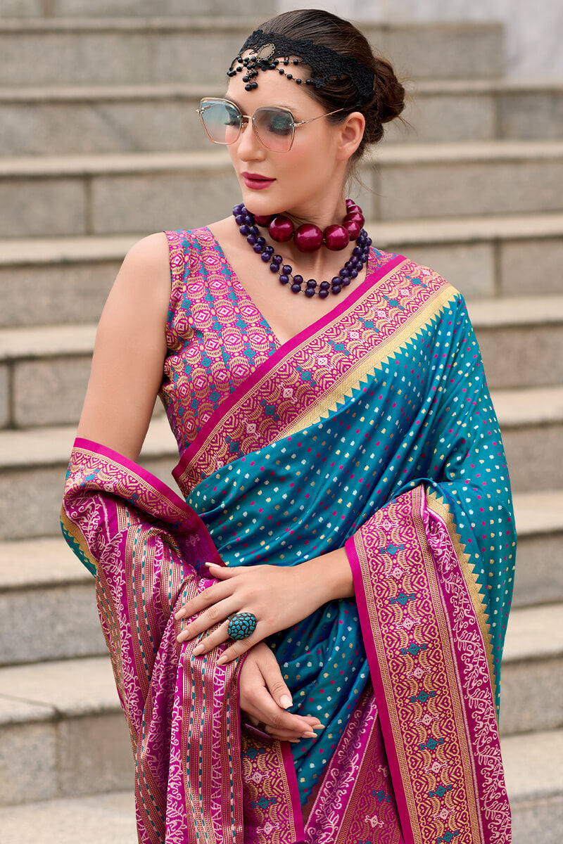 Resonant Blue Patola Silk Saree with Embellished Blouse Piece