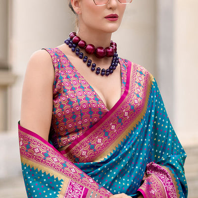 Resonant Blue Patola Silk Saree with Embellished Blouse Piece