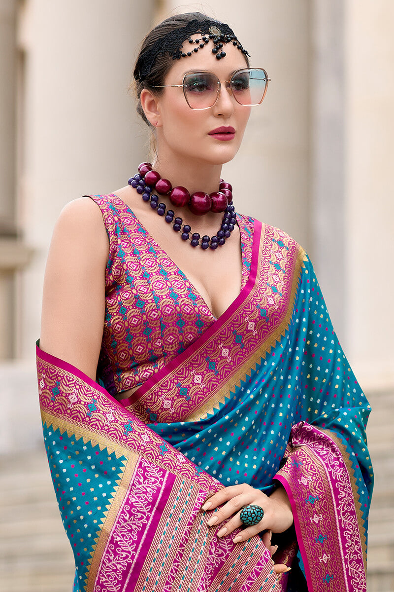 Resonant Blue Patola Silk Saree with Embellished Blouse Piece
