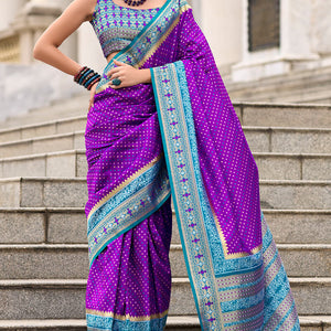 Demesne Royal Purple Patola Silk Saree with Glowing Blouse Piece