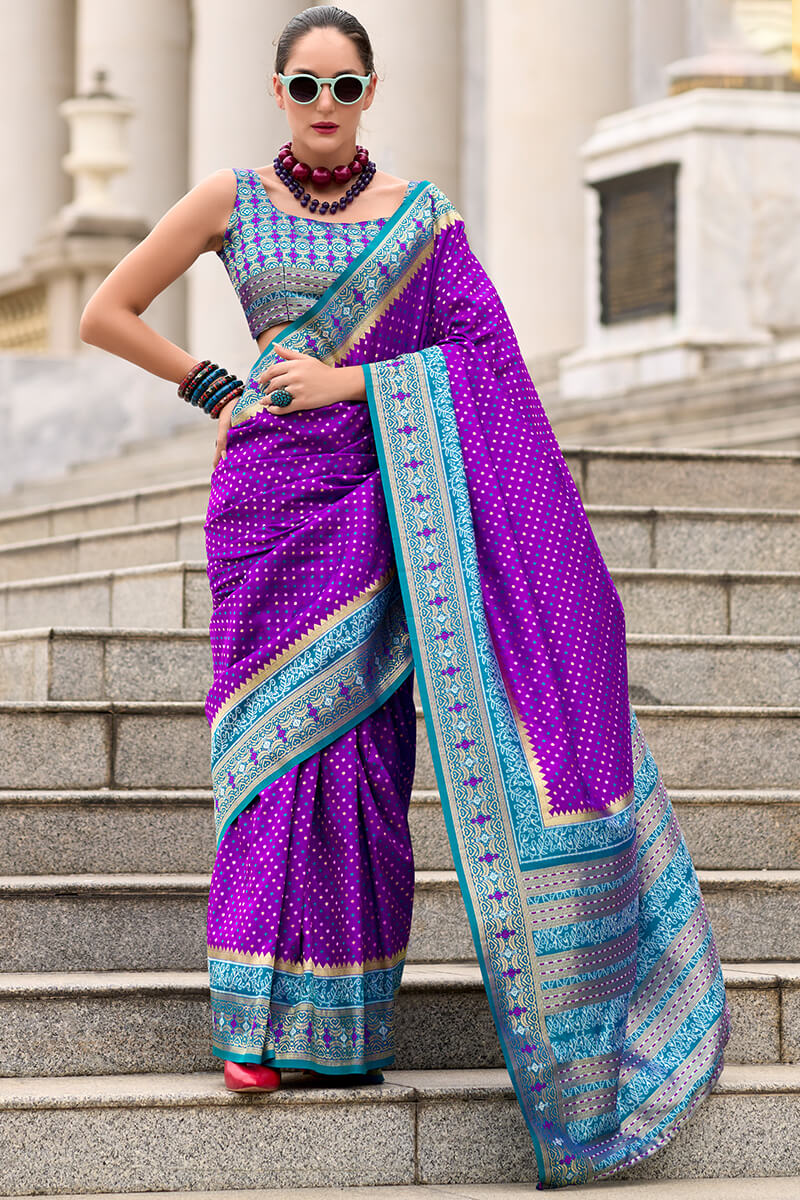 Demesne Royal Purple Patola Silk Saree with Glowing Blouse Piece