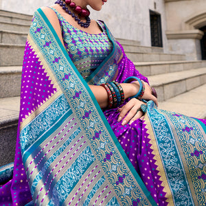 Demesne Royal Purple Patola Silk Saree with Glowing Blouse Piece