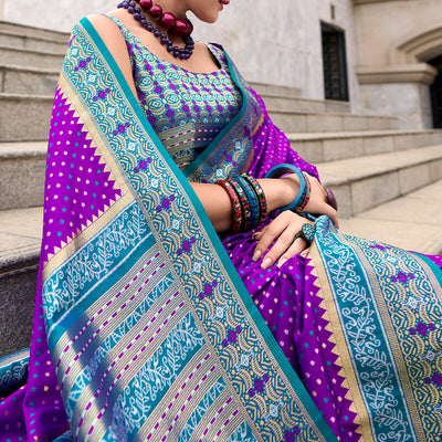 Demesne Royal Purple Patola Silk Saree with Glowing Blouse Piece