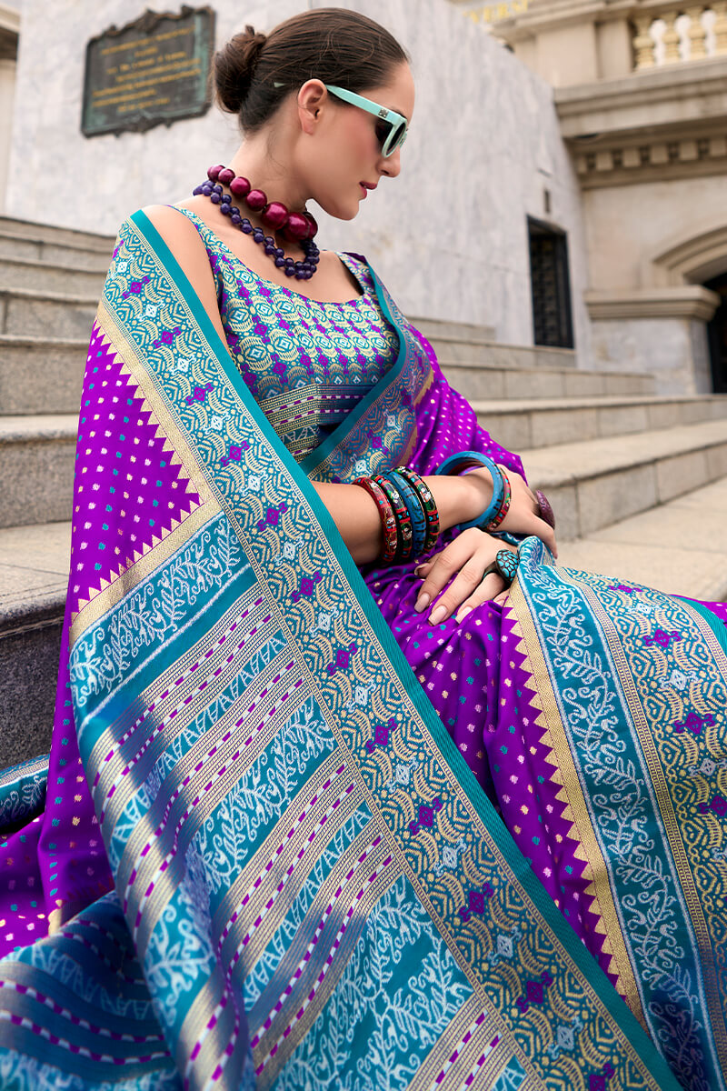 Demesne Royal Purple Patola Silk Saree with Glowing Blouse Piece