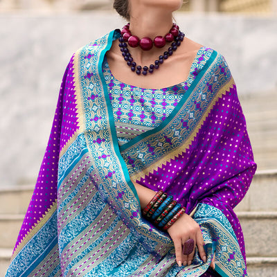 Demesne Royal Purple Patola Silk Saree with Glowing Blouse Piece