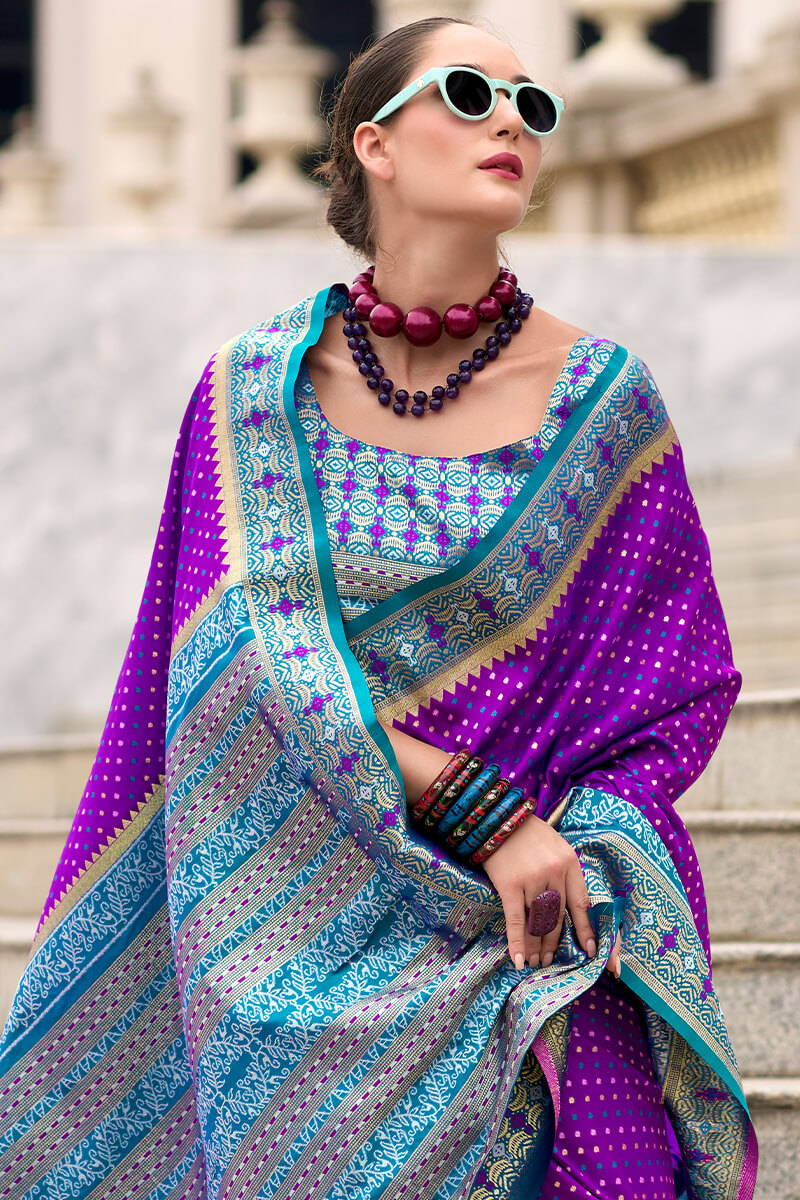 Demesne Royal Purple Patola Silk Saree with Glowing Blouse Piece