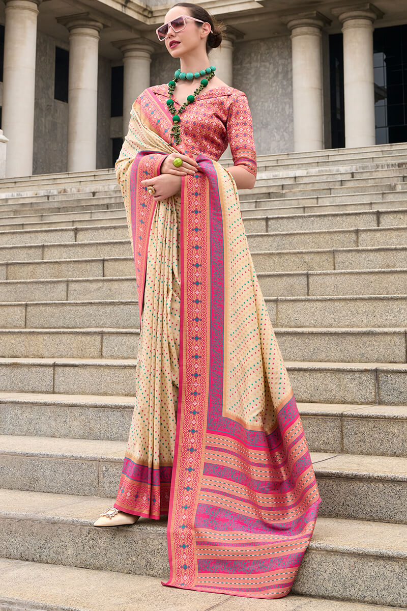 Staring Beige Patola Silk Saree with Winsome Blouse Piece