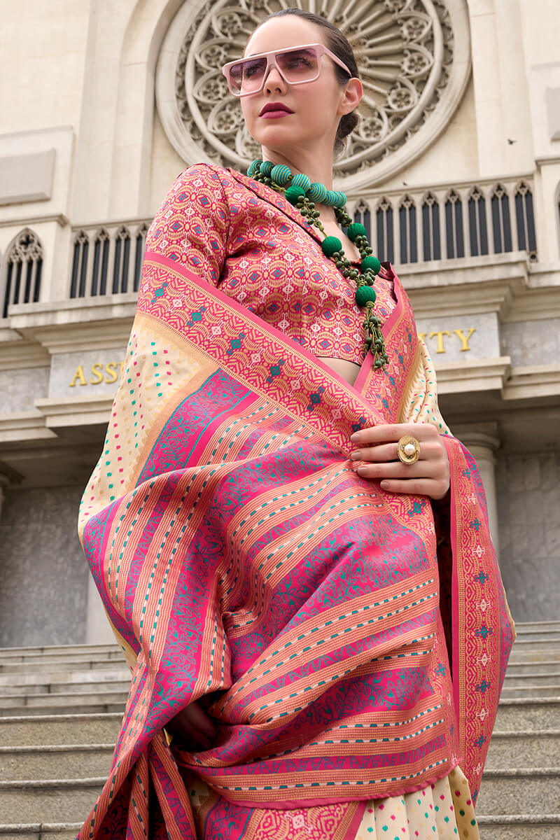 Staring Beige Patola Silk Saree with Winsome Blouse Piece