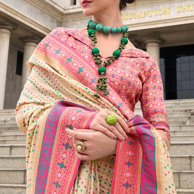 Staring Beige Patola Silk Saree with Winsome Blouse Piece