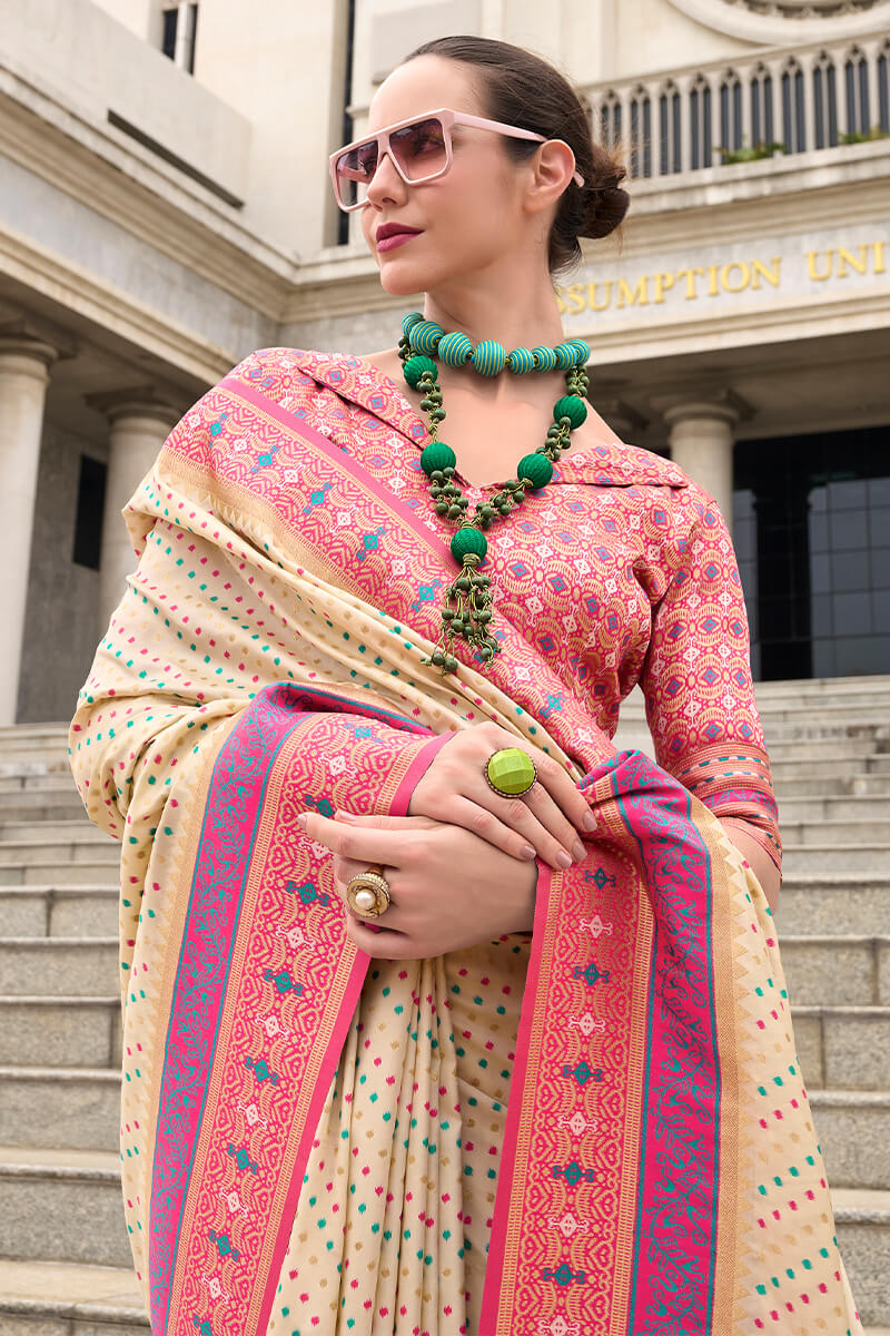 Staring Beige Patola Silk Saree with Winsome Blouse Piece