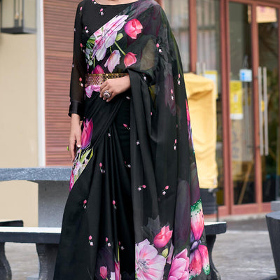 Bewitching Black Digital Printed Georgette Saree With Majestic Blouse Piece