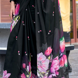 Bewitching Black Digital Printed Georgette Saree With Majestic Blouse Piece