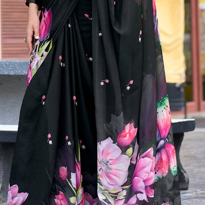 Bewitching Black Digital Printed Georgette Saree With Majestic Blouse Piece