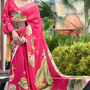 Devastating Dark Pink Digital Printed Georgette Saree With Fancifull Blouse Piece