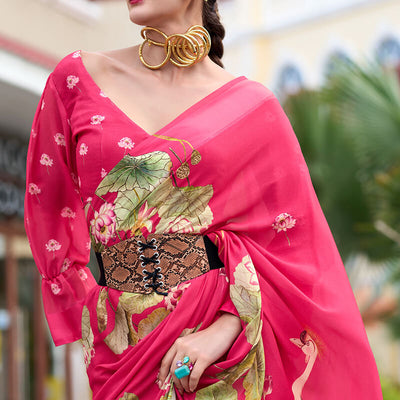 Devastating Dark Pink Digital Printed Georgette Saree With Fancifull Blouse Piece