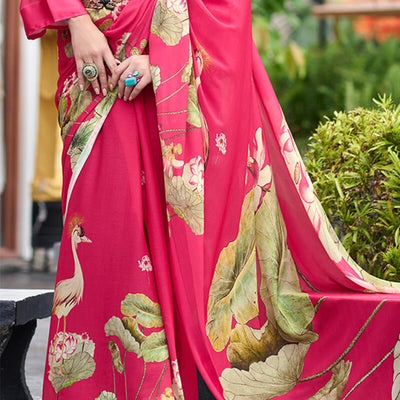 Devastating Dark Pink Digital Printed Georgette Saree With Fancifull Blouse Piece