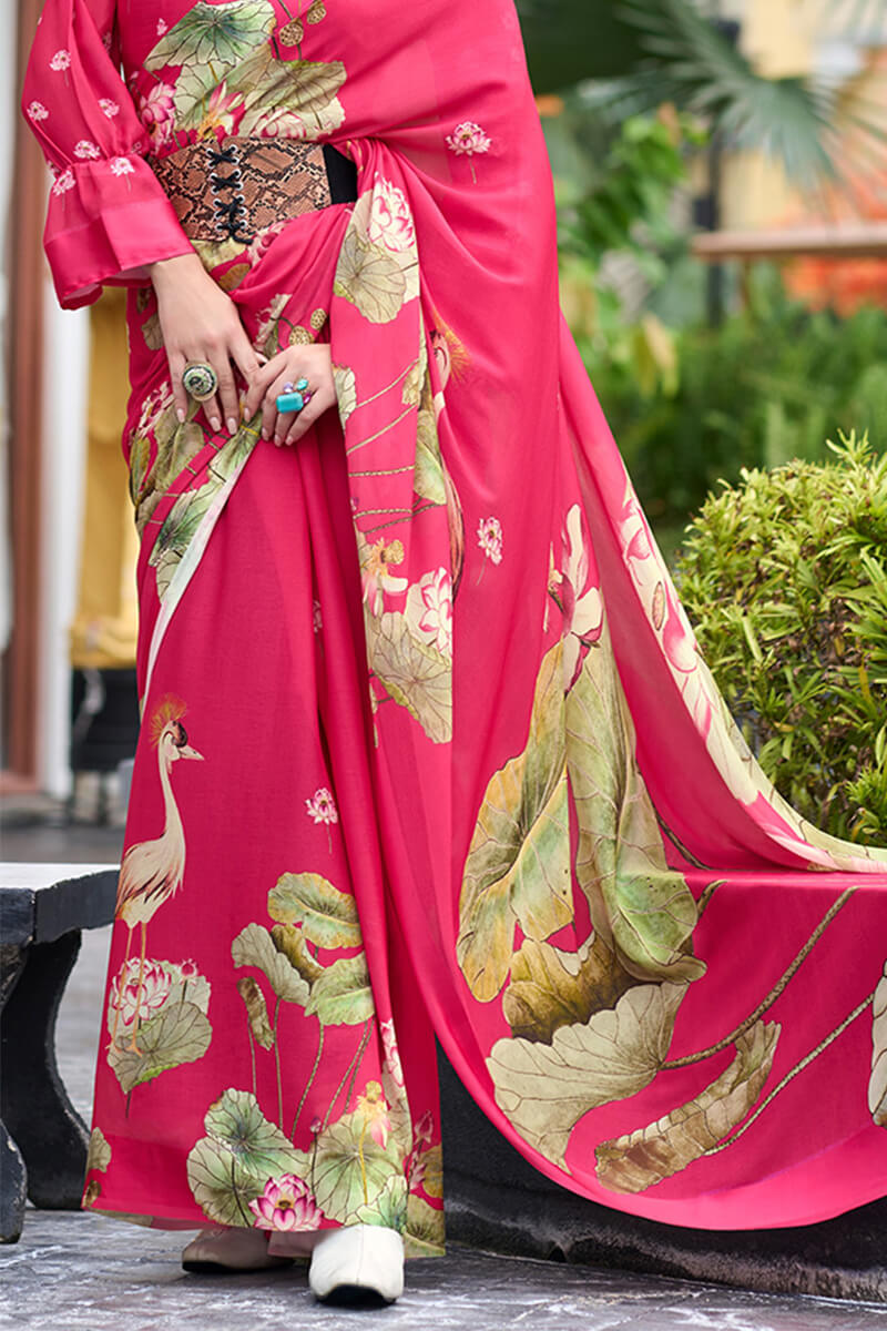 Devastating Dark Pink Digital Printed Georgette Saree With Fancifull Blouse Piece
