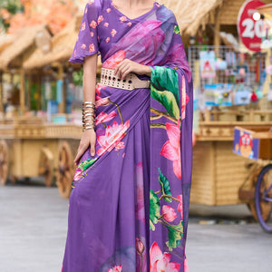 Opulent Lavender Digital Printed Georgette Saree With Prominent Blouse Piece
