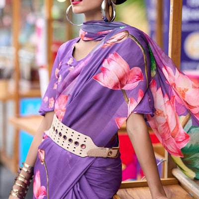 Opulent Lavender Digital Printed Georgette Saree With Prominent Blouse Piece