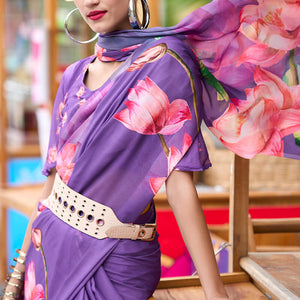 Opulent Lavender Digital Printed Georgette Saree With Prominent Blouse Piece