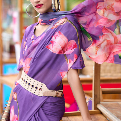 Opulent Lavender Digital Printed Georgette Saree With Prominent Blouse Piece