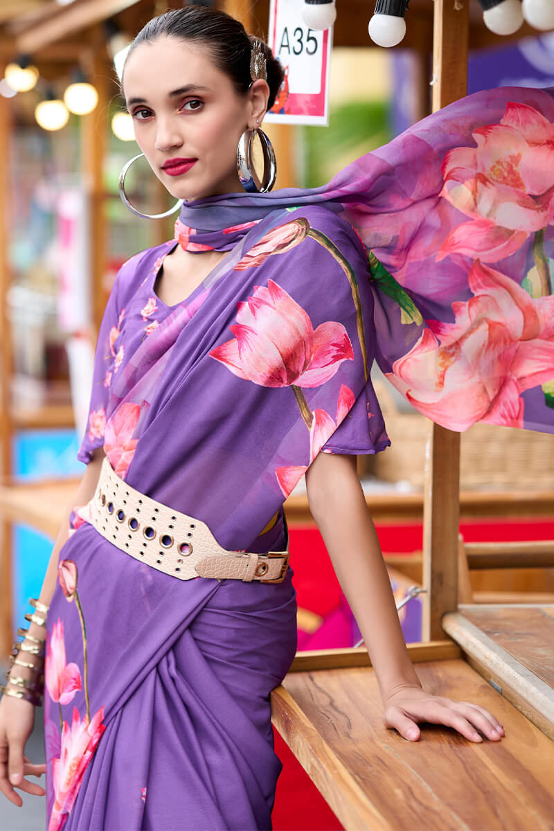 Opulent Lavender Digital Printed Georgette Saree With Prominent Blouse Piece