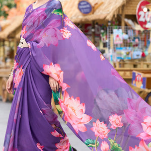 Opulent Lavender Digital Printed Georgette Saree With Prominent Blouse Piece