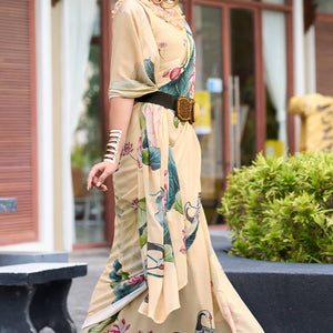 Captivating Beige Digital Printed Georgette Saree With Unique Blouse Piece