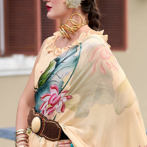 Captivating Beige Digital Printed Georgette Saree With Unique Blouse Piece
