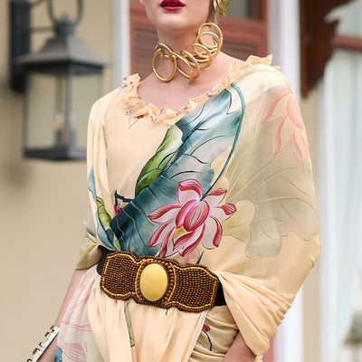 Captivating Beige Digital Printed Georgette Saree With Unique Blouse Piece