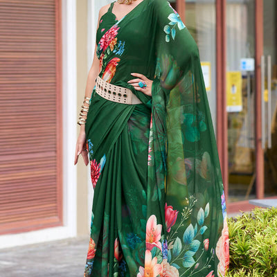 Trendy Dark Green Digital Printed Georgette Saree With Enamoring Blouse Piece