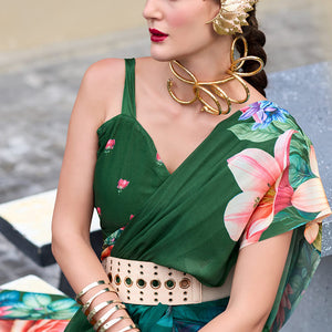 Trendy Dark Green Digital Printed Georgette Saree With Enamoring Blouse Piece