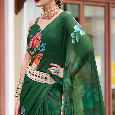 Trendy Dark Green Digital Printed Georgette Saree With Enamoring Blouse Piece