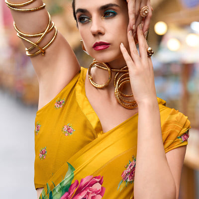 Opulent Yellow Digital Printed Georgette Saree With Pulsating Blouse Piece