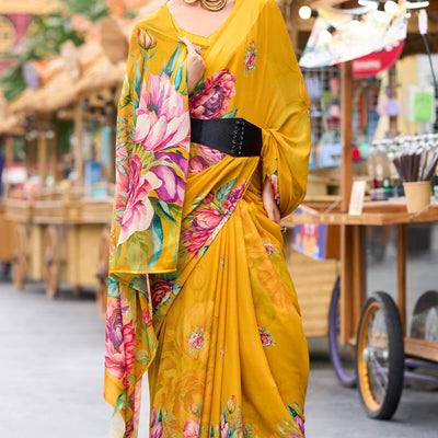 Opulent Yellow Digital Printed Georgette Saree With Pulsating Blouse Piece