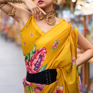 Opulent Yellow Digital Printed Georgette Saree With Pulsating Blouse Piece