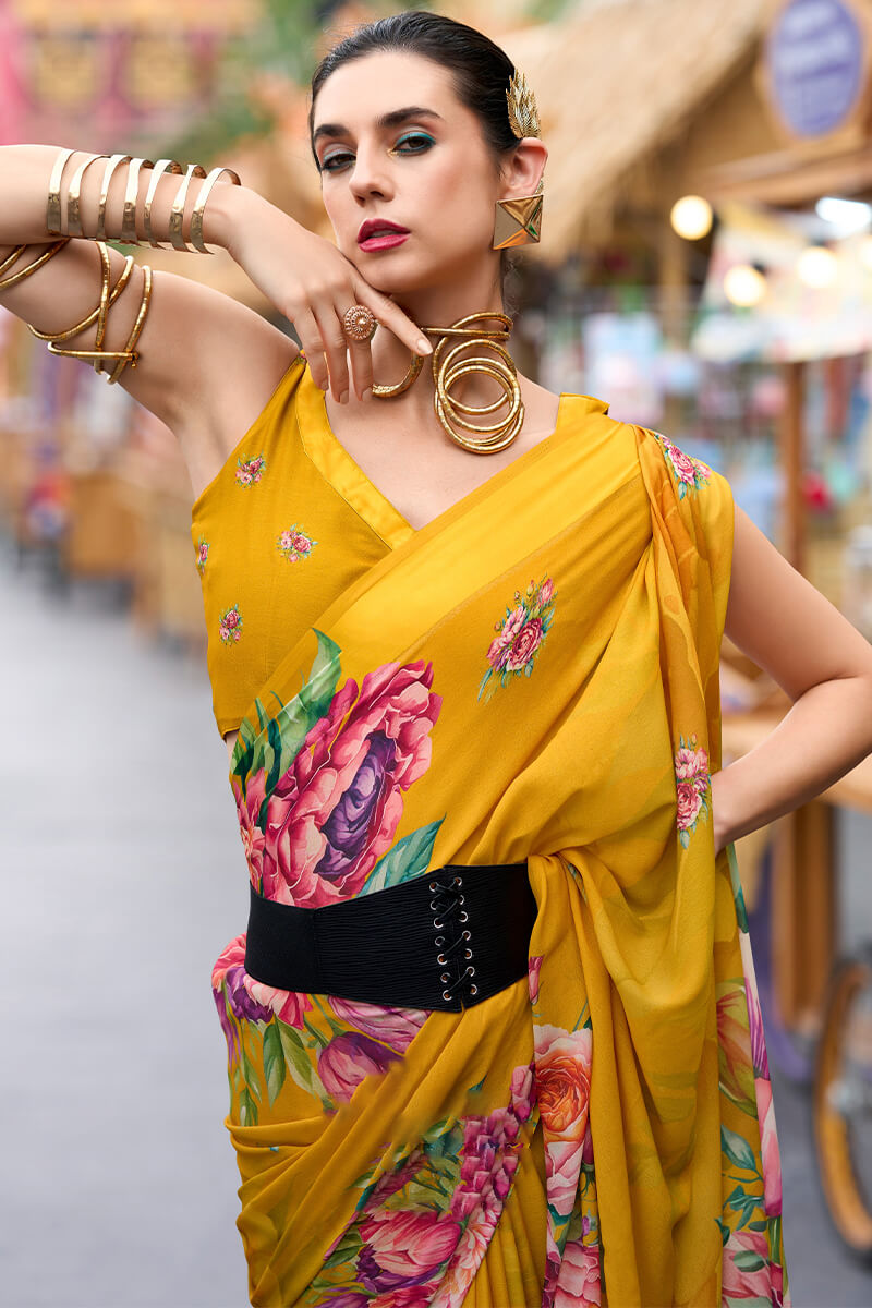Opulent Yellow Digital Printed Georgette Saree With Pulsating Blouse Piece